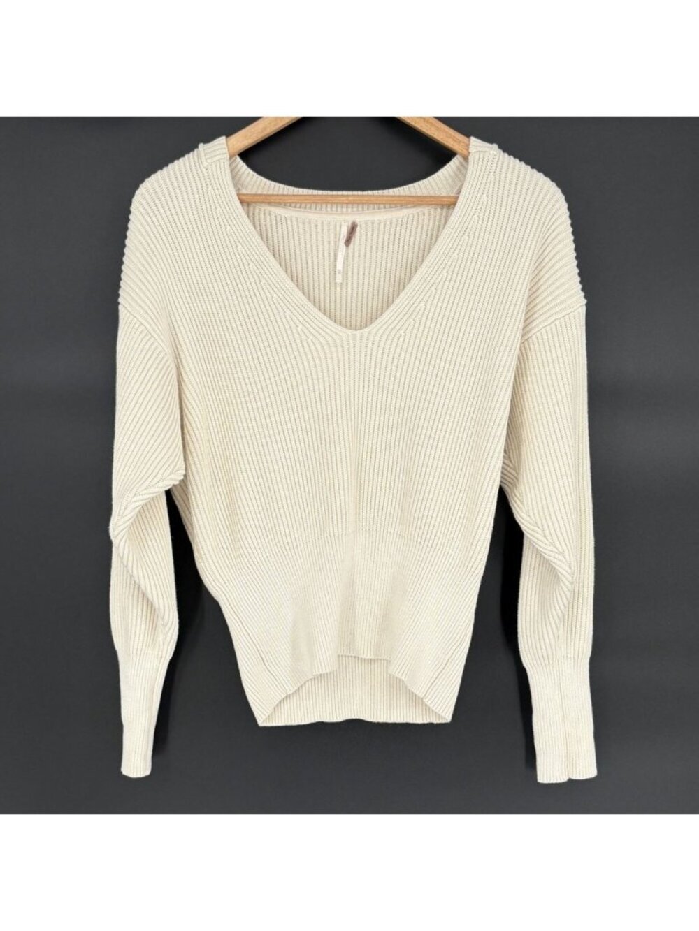 Free People Women's Ribbed V Neck Sweater XS Ivory Boho Office Clean Girl